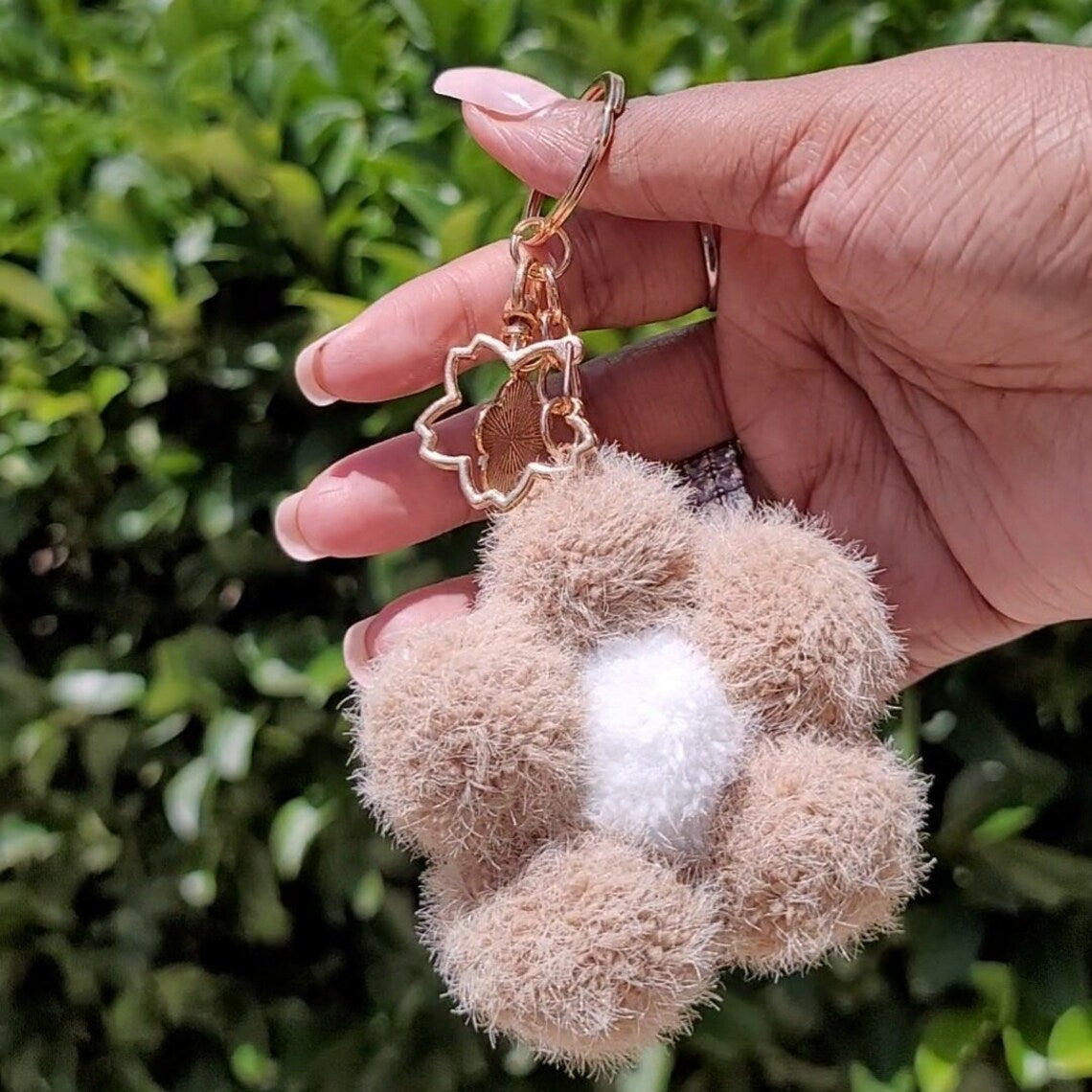 Cute Flower Pom Pom Keychain with Gold Hardware