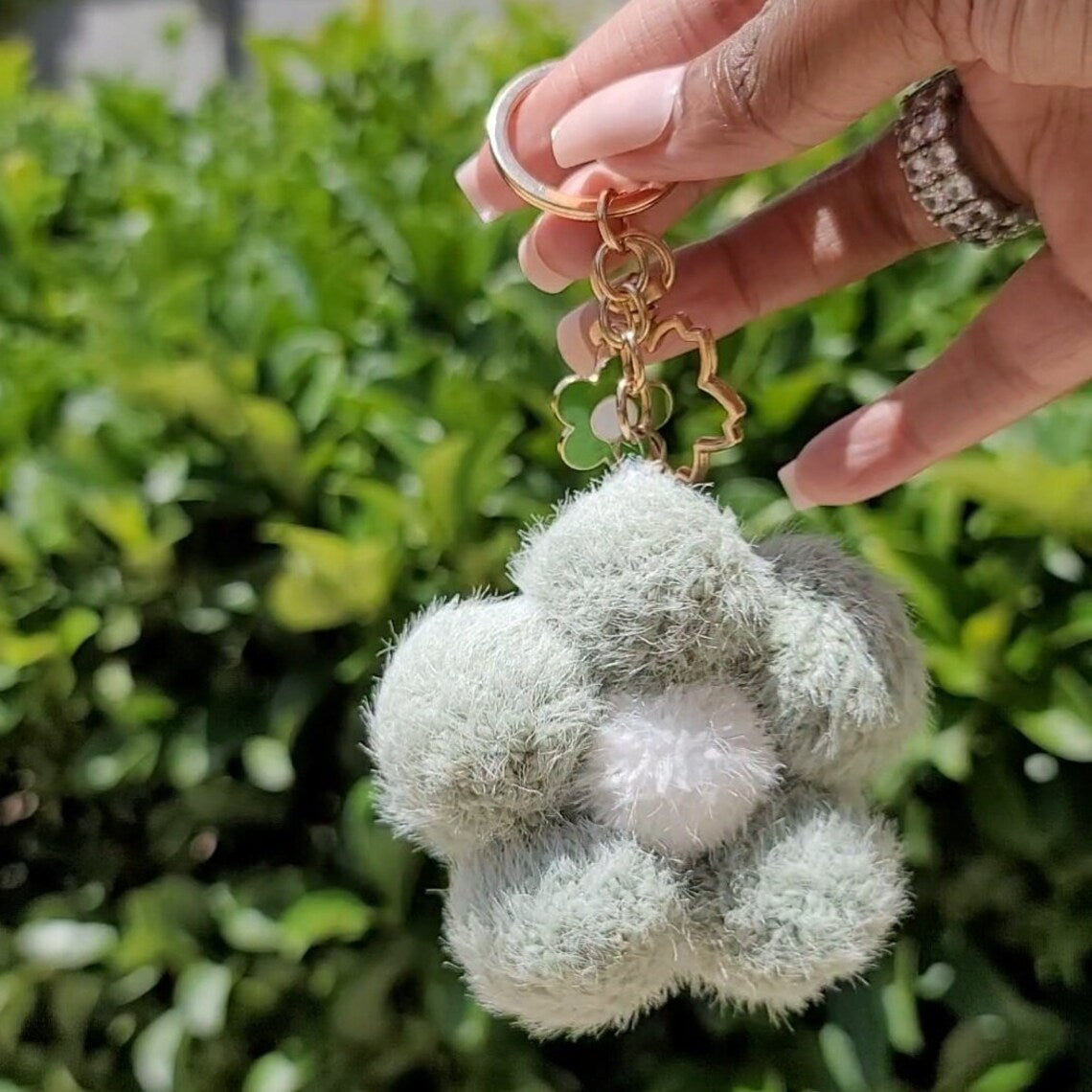 Cute Flower Pom Pom Keychain with Gold Hardware