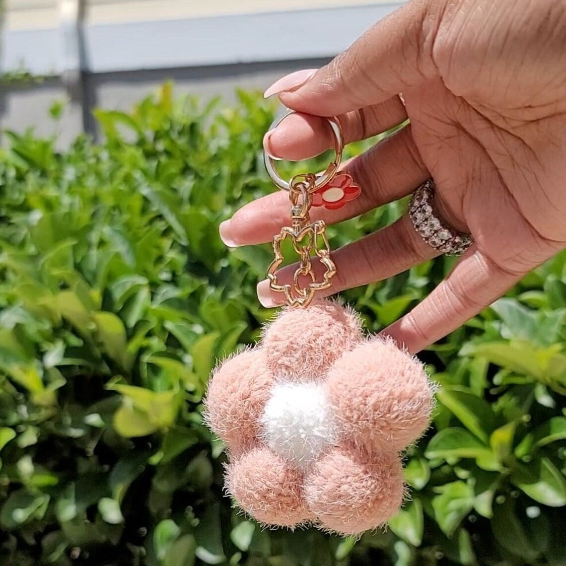 Cute Flower Pom Pom Keychain with Gold Hardware