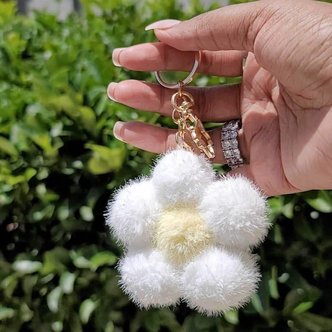 Cute Flower Pom Pom Keychain with Gold Hardware